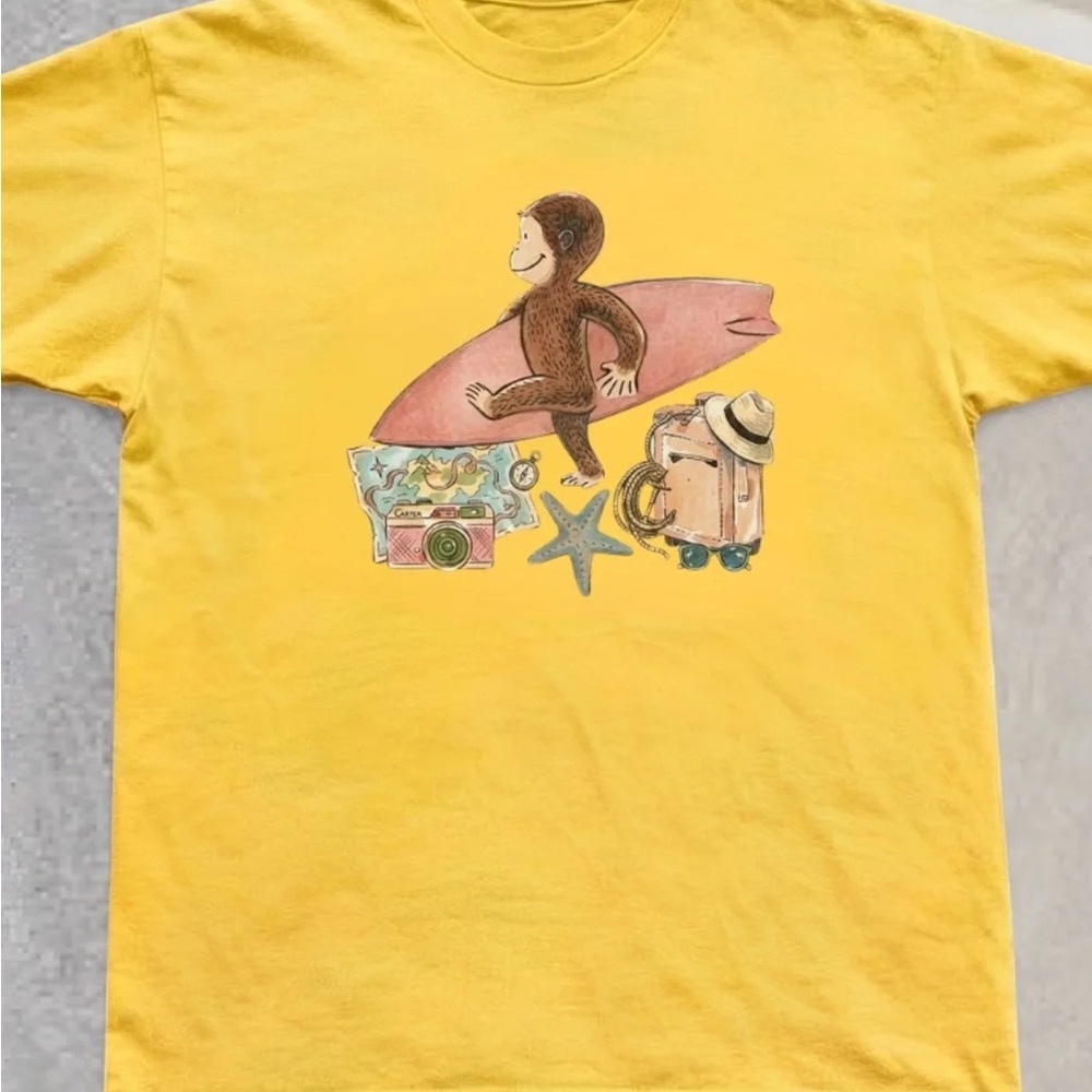 Gildan Yellow Short Sleeve Tee with Curious George Surf Graphic